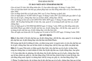 Quyết định 39/2009/QĐ-UBND lệ phí cấp bản sao chứng thực chế độ thu, nộp, quản lý sử dụng lệ phí tỉnh Bình Phước