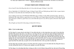 Quyết định 25/2009/QĐ-UBND Chức năng cơ cấu Sở xây dựng tỉnh Hà Nam