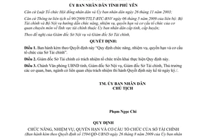 Quyết định 1594/QĐ-UBND năm 2009 chức năng nhiệm vụ Sở Tài chính Phú Yên