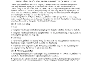 Thông tư 03/2009/TT-BVHTTDL chức năng nhiệm vụ quyền hạn tổ chức Trung tâm Văn hóa tỉnh, thành phố thuộc Trung ương