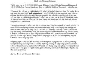 Công văn 8445/BCT-XNK C/O Mẫu S do Campuchia cấp ghi thiếu trị giá FOB