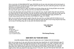 Công văn 3915/UBND-DTMT công bố Định mức dự toán bổ sung chuyên ngành công viên