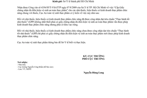 Công văn 1345/ATTP-NĐTP cấp giấy chứng nhận đủ điều kiện vệ sinh an toàn thực phẩm