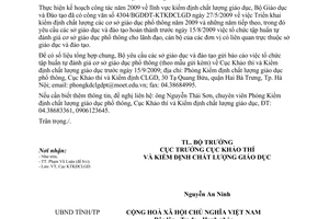 Công văn 7340/BGDĐT-KTKĐCLGD báo cáo công tác tổ chức tập huấn tự đánh giá cơ sở giáo dục phổ thông