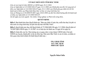 Quyết định 114/2009/QĐ-UBND định mức thu, miễn thu thuỷ lợi phí  tiền nước từ công trình thuỷ lợi trên địa bàn tỉnh Bắc Ninh