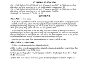 Quyết định 1888/QĐ-BTC chức năng, nhiệm vụ, quyền hạn cơ cấu tổ chức Viện Chiến lược Chính sách tài chính