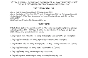 Quyết định 1160/QĐ-TTg thành lập Ban Chỉ đạo triển khai Đề án Dạy học ngoại ngữ hệ thống giáo dục quốc dân giai đoạn 2008-2020