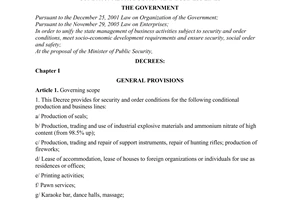Decree No. 72/2009/ND-CP of September 03, 2009, providing for security and order conditions for a number of conditional production and business lines