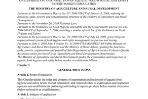 Circular No. 56/2009/TT-BNNPTNT of September 07, 2009, on examination and inspection of aquatic food hygiene and safety before market circulation