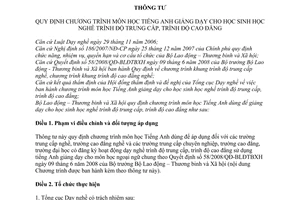 Thông tư 30/2009/TT-BLĐTBXH chương trình môn học tiếng Anh giảng dạy học sinh học nghề trình độ trung cấp, cao đẳng