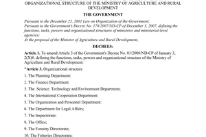 Decree No. 75/2009/ND-CP of September 10, 2009, amending Article 3 of the Government's Decree no. 01/2008/ND-CP of January 3, 2008, defining the functions, tasks, powers and organizational structure of the Ministry of Agriculture and Rural Development