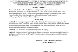 Resolution No. 45/NQ-CP of September 11, 2009, promulgating the Government's action program for materialization of the Resolution of the seventh plenum of the Party Central Committee of the Xth congress on enhancement of the Party's leadership over youth-related work in the period of accelerated industrialization and modernization