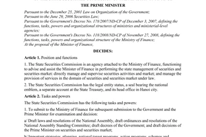 Decision No. 112/2009/QD-TTg of September 11, 2009, defining the functions, tasks, powers and organizational structure of the State Securities Commission of the Ministry of Finance