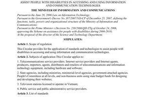 Circular No. 28/2009/TT-BTTTT of September 14, 2009, providing for the application of standards and technologies to assist people with disabilities in accessing and using information and communication technologies