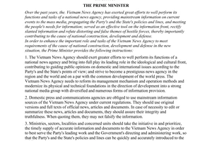 Directive No. 1441/CT-TTg of September 14, 2009, on enhancing the role of the Vietnam News Agency in the new situation