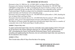 Circular No. 179/2009/TT-BTC, amending preferential import duty rates for a number of commodity items in the preferential import
