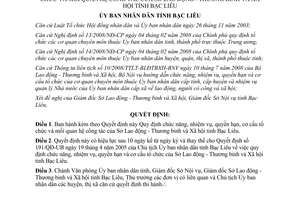 Quyết định 18/2009/QĐ-UBND chức năng nhiệm vụ quyền hạn Sở LĐTB&XH Bạc Liêu
