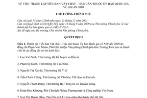 Quyết định 1451/QĐ-TTg thành lập Tiểu ban Vật chất-Hậu cần thuộc Ủy ban Quốc gia ASEAN 2010