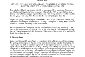 Thông báo 3482/TB-LĐTBXH  kết luận  Bộ Lao động  Thương binh  Xã hội tại buổi làm việc với Ủy ban nhân dân tỉnh Quảng Nam