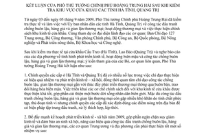Thông báo 291/TB-VPCP kết luận  Phó Thủ tướng Chính phủ Hoàng Trung Hải sau khi kiểm tra khu vực cửa khẩu các tỉnh Hà Tĩnh, Quảng Trị