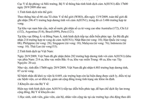 Thông báo 1776/TB-DPMT tình hình dịch cúm A(H1N1)
