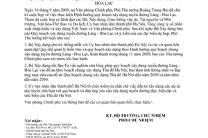 Thông báo 297/TB-VPCP  kết luận  Phó Thủ tướng Hoàng Trung Hải tại cuộc họp  định hướng quy hoạch chung xây dựng tuyến đường Láng- Hòa Lac