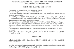 Quyết định 102/2009/QĐ-UBND sửa đổi điểm 1, điều 1 Quyết định 43/2009/QĐ-UBND