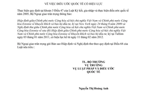 Thông báo hiệu lực Hiệp định khuyến khích bảo hộ đầu tư giữa Việt Nam - Estonia