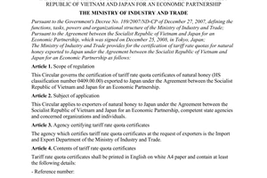 Circular No. 28/2009/TT-BCT of September 28, 2009, on the certification of tariff rate quotas for natural honey imported into Japan under the agreement between the Socialist Republic of Vietnam and Japan for an economic partnership