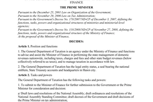 Decision No. 115/2009/QD-TTg of September 28, 2009, defining the functions, tasks, powers and organizational structure of the general department of taxation under the Ministry of Finance