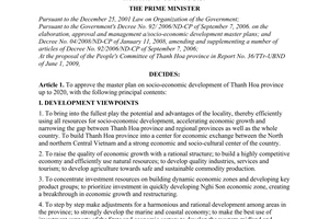 Decision No. 114/2009/QD-TTg, approving the master plan on socio-economic development of Thanh Hoa province up to 2020