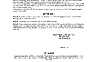 Quyết định 28/2009/QĐ-UBND phê duyệt kế hoạch hành động kiểm soát ô nhiễm tỉnh Hà Nam giai đoạn 2010 - 2015