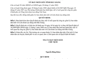Quyết định 94/2009/QĐ-UBND quan hệ công tác UBND Liên đoàn Lao động Bắc Giang