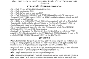 Quyết định 105/2009/QĐ-UBND  bảng giá tối thiểu xây dựng mới nhà ở, nhà tạm, nhà xưởng, kho thông dụng trên địa bàn thành phố Hà Nội
