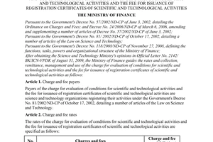 Circular No. 187/2009/TT-BTC of September 29, 2009, providing for the rates and collection, remittance, management and use of the charge for evaluation of conditions for scientific and technological activities and the fee for issuance of registration certificates of scientific and technological activities