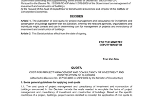 Decision No. 957/QD-BXD on disclosure of quota for cost quota of project managem