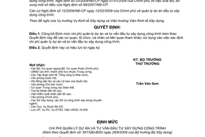 Quyết định 957/QĐ-BXD  công bố định mức chi phí quản lý dự án  tư vấn đầu xây dựng công trình