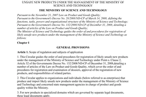 Circular No. 22/2009/TT-BKHCN of September 30, 2009, guiding the order of and procedures for registration of likely unsafe new products under the management of the Ministry of Science and Technology