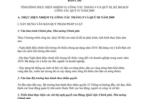 Báo cáo 101/BC-BLĐTBXH  tình hình thực hiện nhiệm vụ công tác tháng 9 và quý III, kế hoạch công tác quý IV, 2009