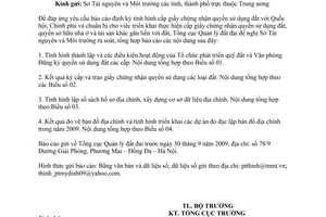 Công văn 3325/BTNMT-TCQLĐĐ báo cáo tình hình thực hiện nhiệm vụ quản lý đất đai