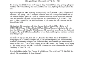 Công văn 9442/BCT-CNNg tiêu chuẩn chất lượng than mỏ Khánh Hòa xuất khẩu