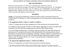 Decree No. 83/2009/ND-CP of October 15, 2009, amending and supplementing a number of Articles of the Government's Decree No. 12/2009/ND-CP of February 12, 2009, on management of work construction investment projects