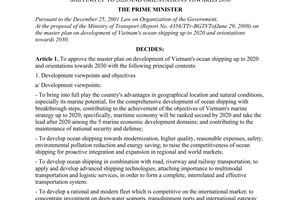 Decision No. 1601/QD-TTg of October 15, 2009, approving the master plan on development of Vietnam's ocean shipping up to 2020 and orientations towards 2030