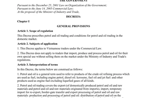 Decree No. 84/2009/ND-CP of October 15, 2009, on petrol and oil trading
