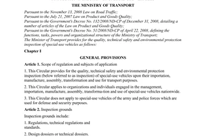 Circular No. 23/2009/TT-BGTVT of October 15, 2009, providing for the quality, technical safety and environmental protection inspection of special-use vehicles