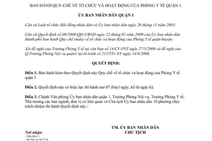 Quyết định số 3027/2009/QĐ-UBND tổ chức hoạt động Phòng Y tế Quận 1 Hồ Chí Minh