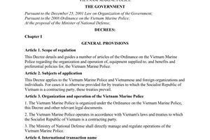 Decree No. 86/2009/ND-CP of October 19, 2009, detailing and guiding a number of articles of the ordinance on The Vietnam Marine Police