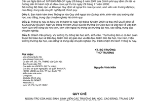 Thông tư 27/2009/TT-BGDĐT quy chế ngoại trú của học sinh, sinh viên các trường đại học, cao đẳng, trung cấp chuyên nghiệp hệ chính quy