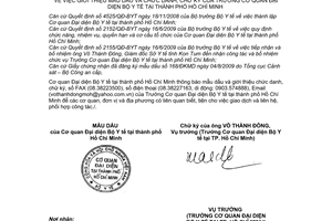 Thông báo 09/TB-CQĐDBYT giới thiệu mẫu dấu chức danh, chữ ký Trưởng Cơ quan đại diện Bộ Y tế tại thành phố Hồ Chí Minh