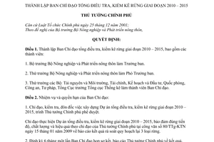 Quyết định 1698/QĐ-TTg thành lập Ban Chỉ đạo tổng điều tra, kiểm kê rừng giai đoạn 2010 – 2015